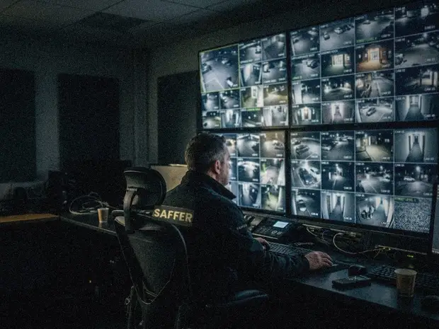 Operador de Saffer vigilando un videowall de cámaras en la central de control