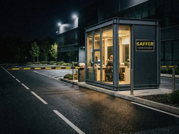 Garita de control de accesos de Saffer con barrera de vehículos de noche