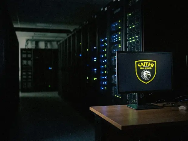 Sala de servidores con un monitor mostrando el escudo de Saffer